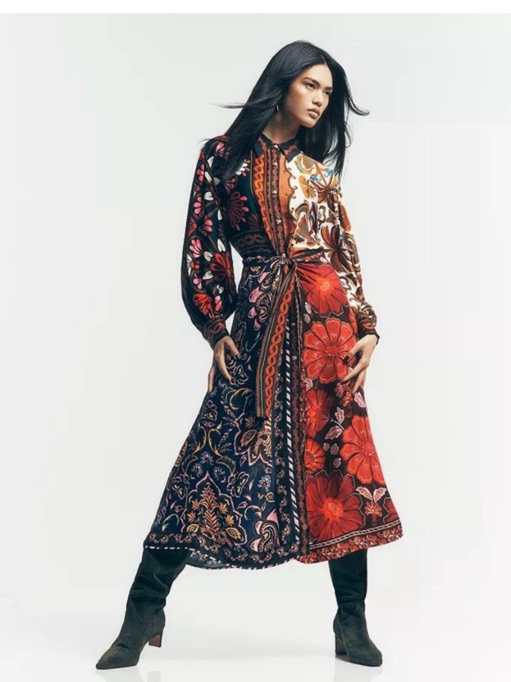 FARM Rio Miranda Multicolor Floral Scarf Midi Dress